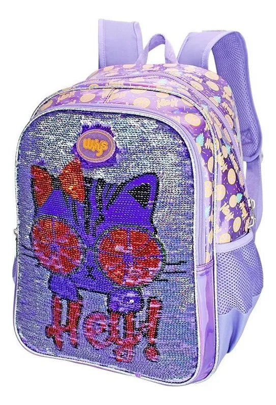 Mochila Lonchera Lapicera Gato Lentejuela Reversible Wilys Violeta