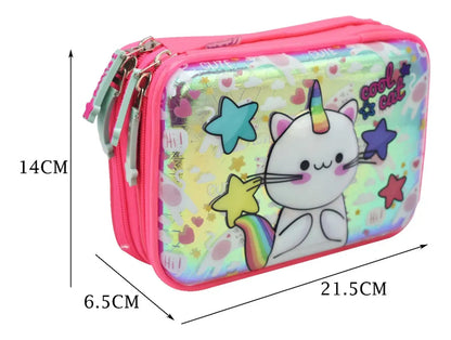 Mochila Lapicera Gato Unicornio Con Luz 3d Primaria Lluvia Rosa 3d Estampado
