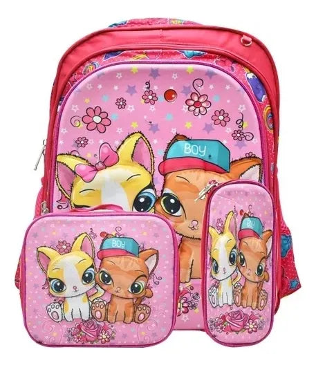 Mochila Gatos Con Flores Kit 3pz Primaria Con Detalle Rosa Impresion 3d