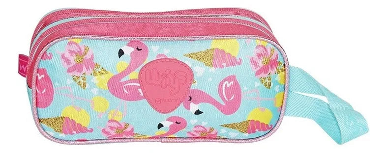 Mochila Lonchera Lapicera Flamingo Primaria Lentejuela Wilys Azul Claro Estampado