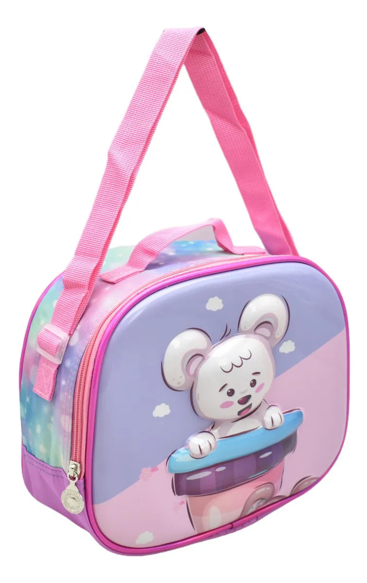 Mochila Con Ruedas Oso Blanco Kit 3pz Primaria Rosa 3d