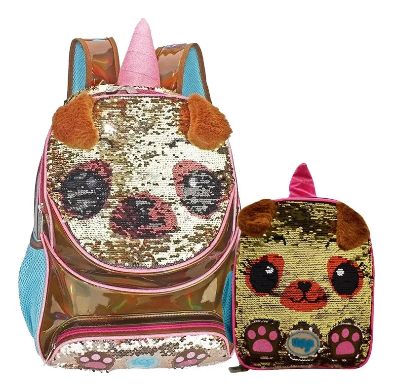 Mochila Y Lonchera Pug Unicornio Lentejuela Primaria Wilys Marrón Lentejuela Reversible