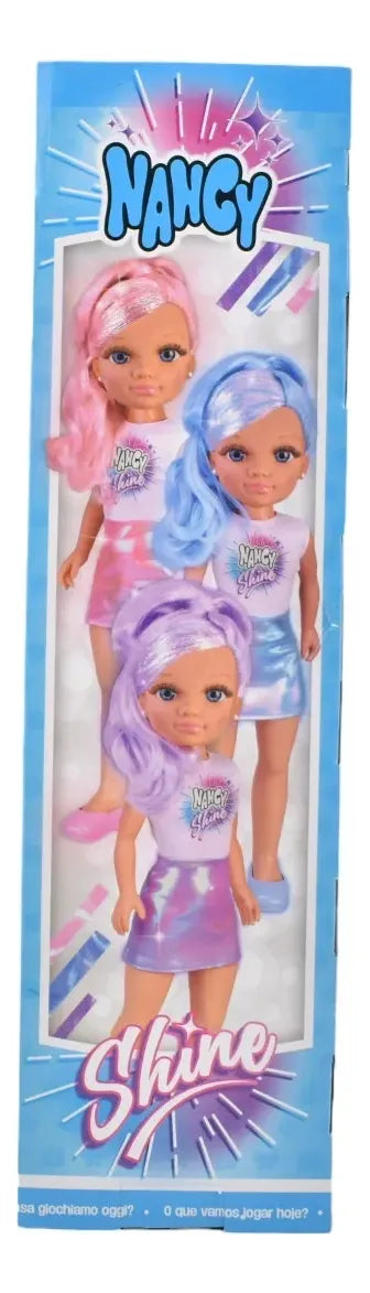 Nancy Shine Pack 3 Cabello Azul Violeta Y Rosa 45cm Famosa