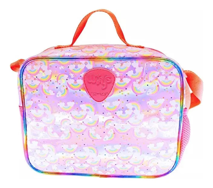 Mochila Y Lonchera Unicornio Arcoiris Lentejuela Wilys Blanco Rosa Lentejuela Reversible