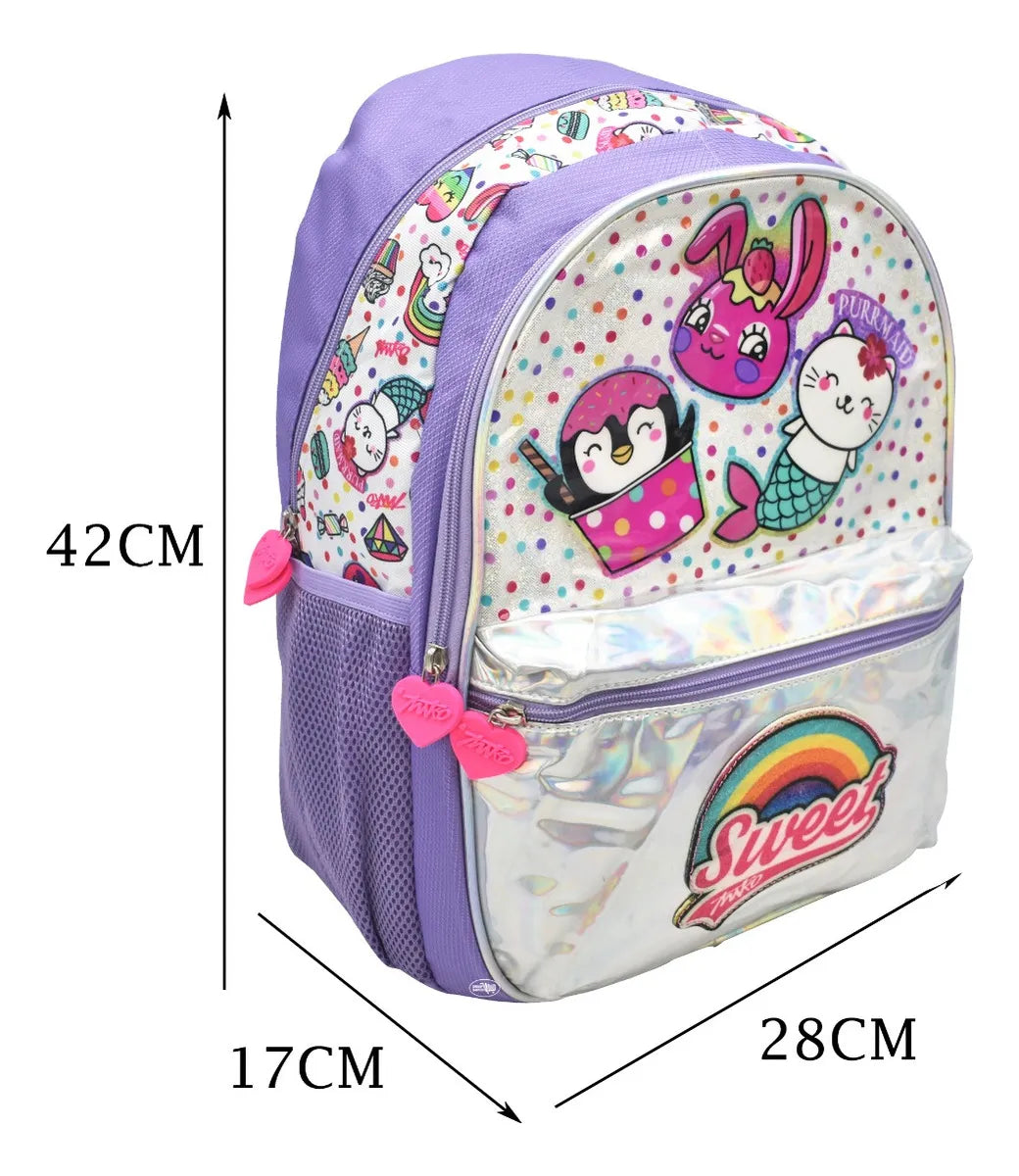 Mochila Sweet Helados Animalitos Primaria Miko Club Detalle Violeta Estampado