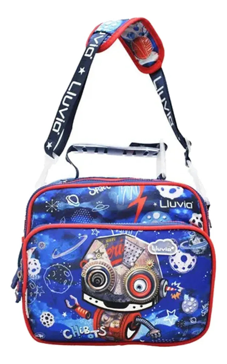 Mochila Ruedas Lonchera Lapicera Robot Primaria Lluvia Azul Estampado