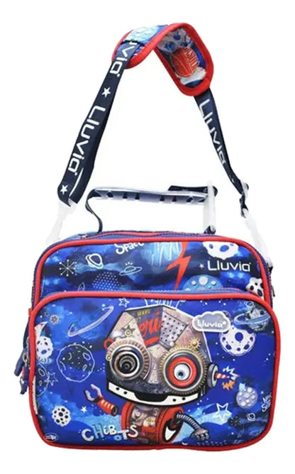 Mochila Ruedas Lonchera Lapicera Robot Primaria Lluvia Azul Estampado