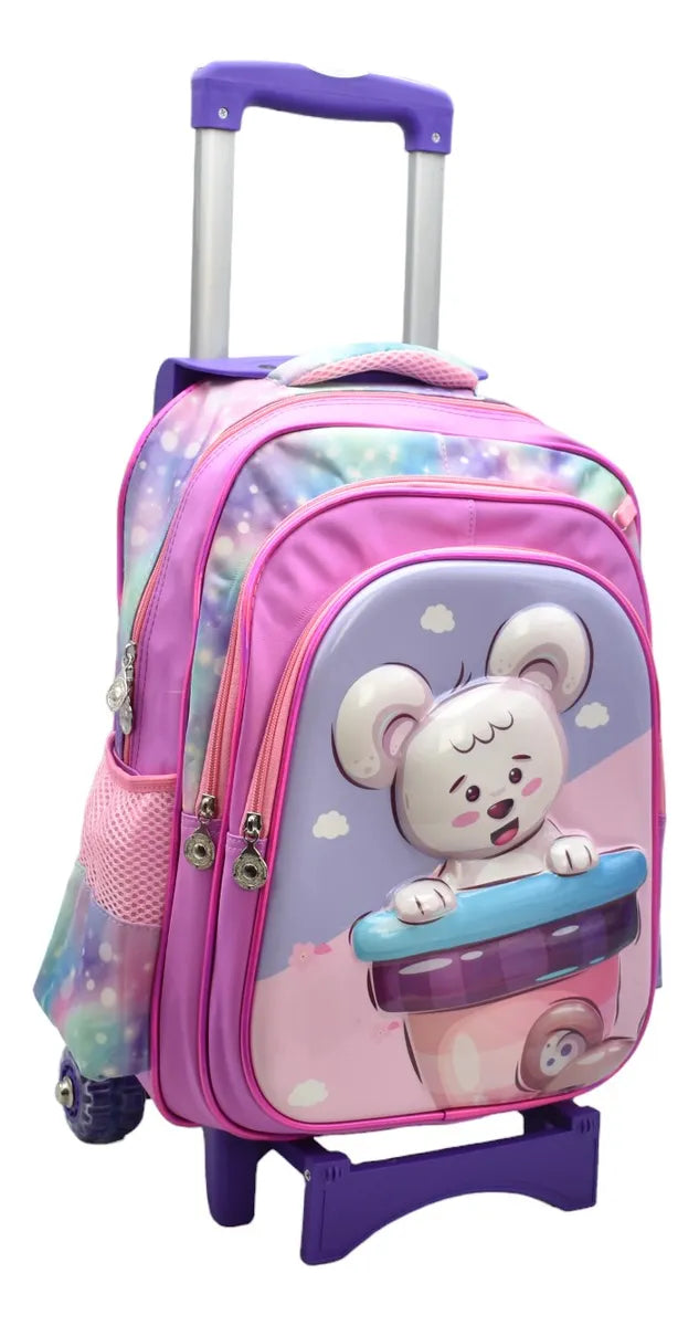Mochila Con Ruedas Oso Blanco Kit 3pz Primaria Rosa 3d