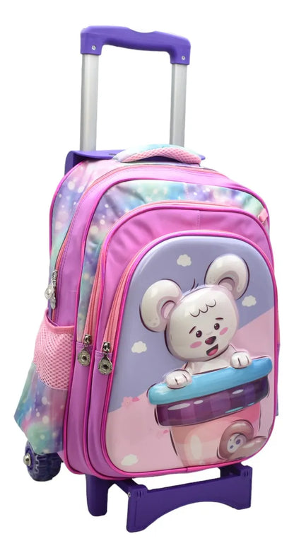 Mochila Con Ruedas Oso Blanco Kit 3pz Primaria Rosa 3d
