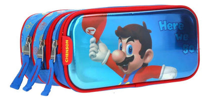 Mochila Y Lapicera Super Mario Here We Go Primaria Chenson Azul Estampado. Tornasol