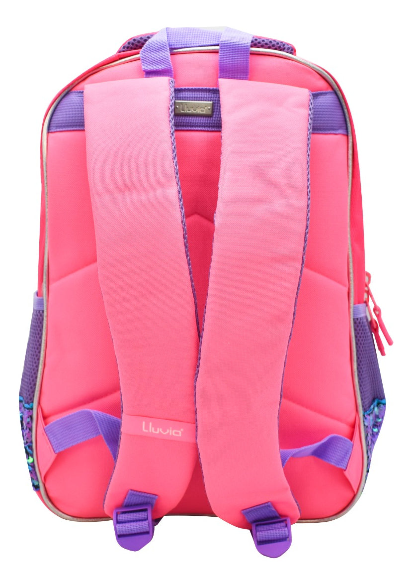Mochila Escolar Lluvia Violeta Rosa 3D Lentejuela 19L Niños