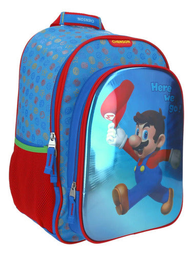 Mochila Y Lapicera Super Mario Here We Go Primaria Chenson Azul Estampado. Tornasol