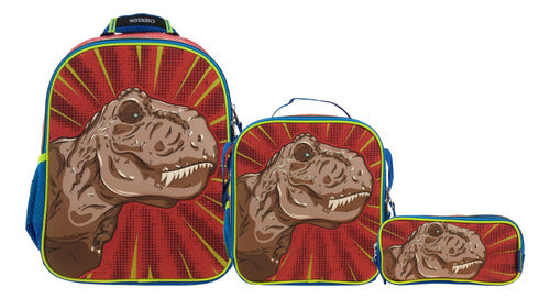 Mochila Lonchera Y Lapicera Dino Land T Rex Kinder Chenson Rojo Impresion 3d