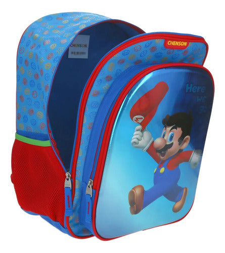 Mochila Y Lapicera Super Mario Here We Go Primaria Chenson Azul Estampado. Tornasol