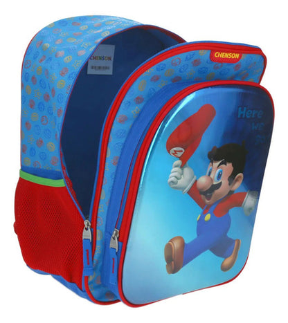 Mochila Y Lapicera Super Mario Here We Go Primaria Chenson Azul Estampado. Tornasol