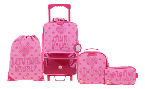 Mochila Ruedas Morral Lonchera Lapicera Happy Girl Primaria Rosa Estampado, Relieve