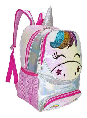 Mochila Escolar Unicornio Lentejuela Tornasol Blanca Wily's WT381 Niñas