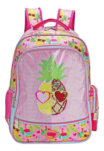 Mochila Lonchera Lapicera Piña Lentejuela Reversible Wilys Rosa