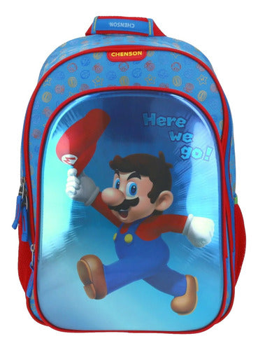 Mochila Y Lapicera Super Mario Here We Go Primaria Chenson Azul Estampado. Tornasol
