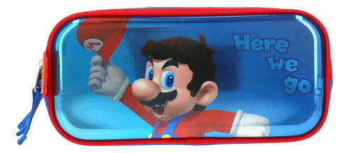 Mochila Y Lapicera Super Mario Here We Go Primaria Chenson Azul Estampado. Tornasol