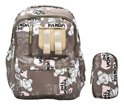 Mochila Escolar Lluvia Panda Estampada 15L Bolsillos Marrón Laptop