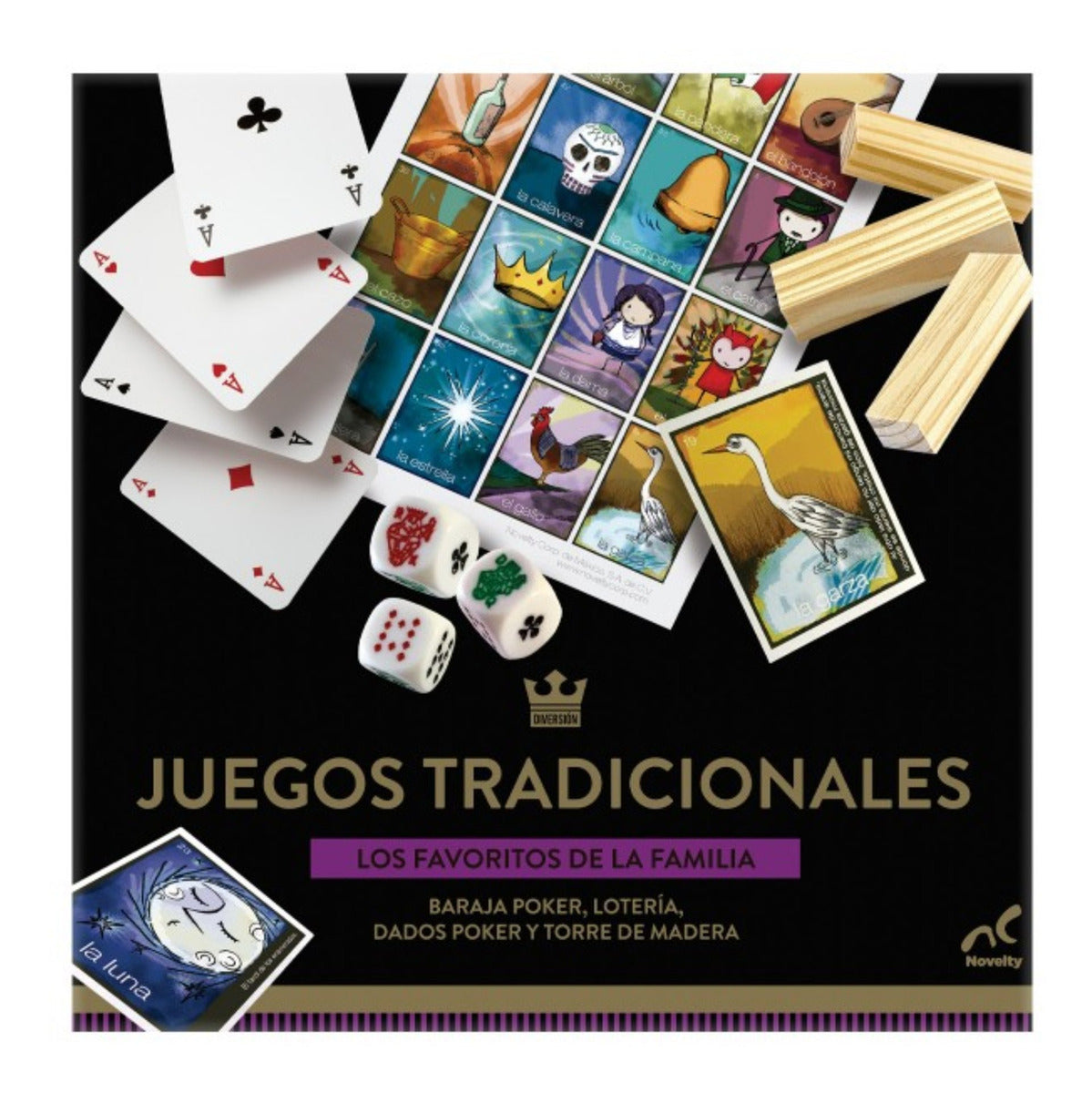 Set de Juegos Clásicos: Torre de Madera, Lotería Mexicana, Baraja de Poker y Dados, Ideal para Reuniones Familiares, Niños y Adultos