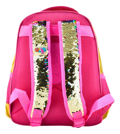 Mochila Escolar Wily's Lentejuelas 14L Dorado Rosa Con Correa Pecho