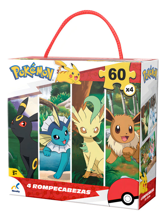 Rompecabezas 4 En 1 Pokémon Eevee 60 Pzas Caja Cartón