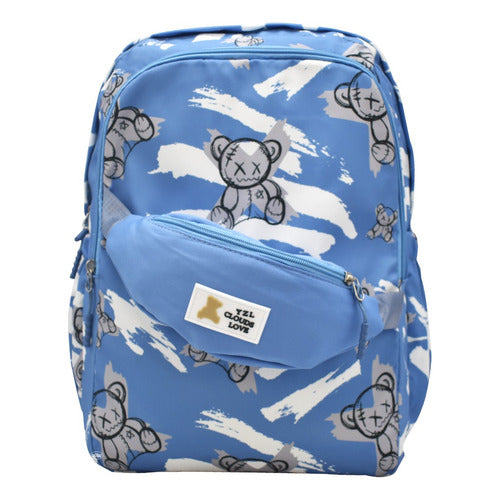 Mochila Escolar Lluvia Azul Estampado Con Cangurera 19L Compartimento Laptop