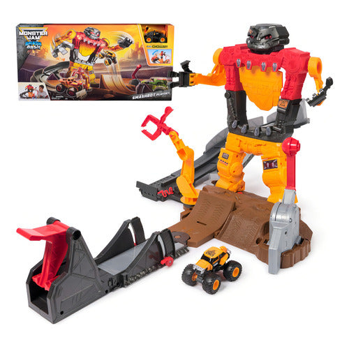Monster Jam Smash & Bash SmashBot, set de juego con lanzador, camión monstruo a escala 1:64, robot reparable de 38,1 cm, juguetes para niños y niñas a partir de 3 años