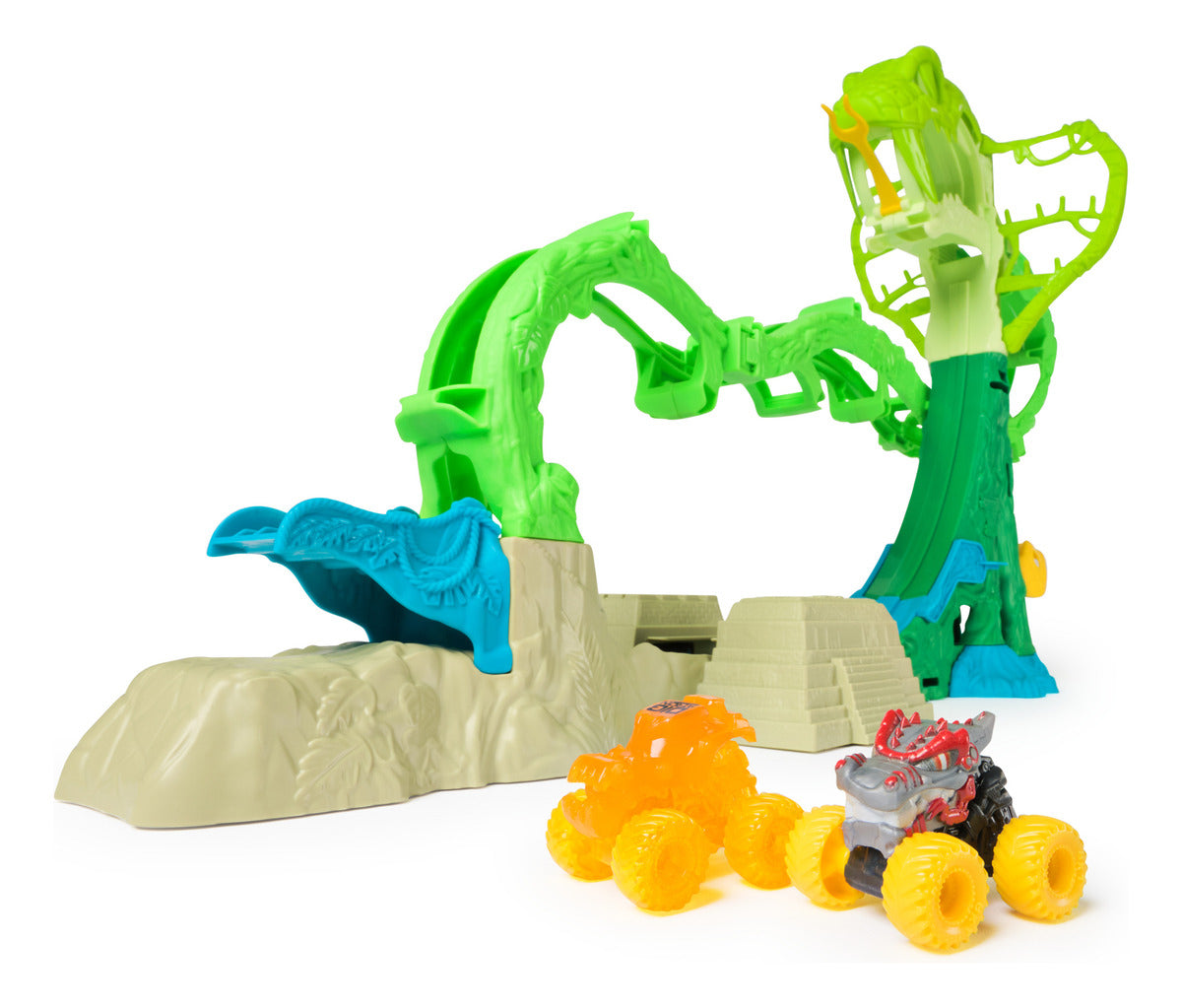 Monster Jam Mini Jams, Cobra's Crazy Escape, set de juego motorizado de 71,1 cm, 2 camiones monstruo metálicos ThunderROARus y JCB Digatron, juguetes para niños y niñas a partir de 3 años