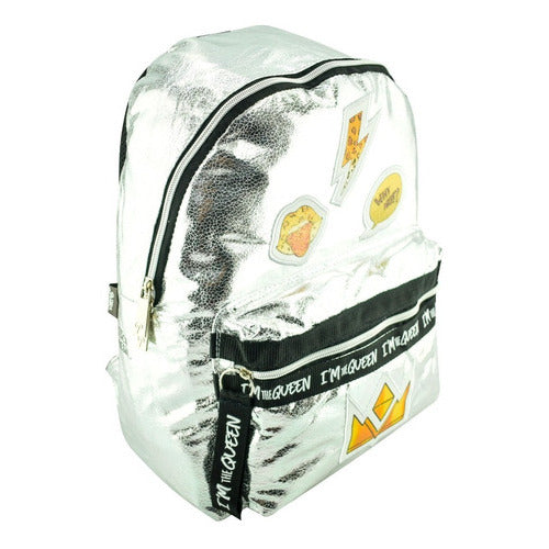Mochila Platica Polinesia Karen Im The Queen Primaria Atm Color Plateado Diseño De La Tela Relieve
