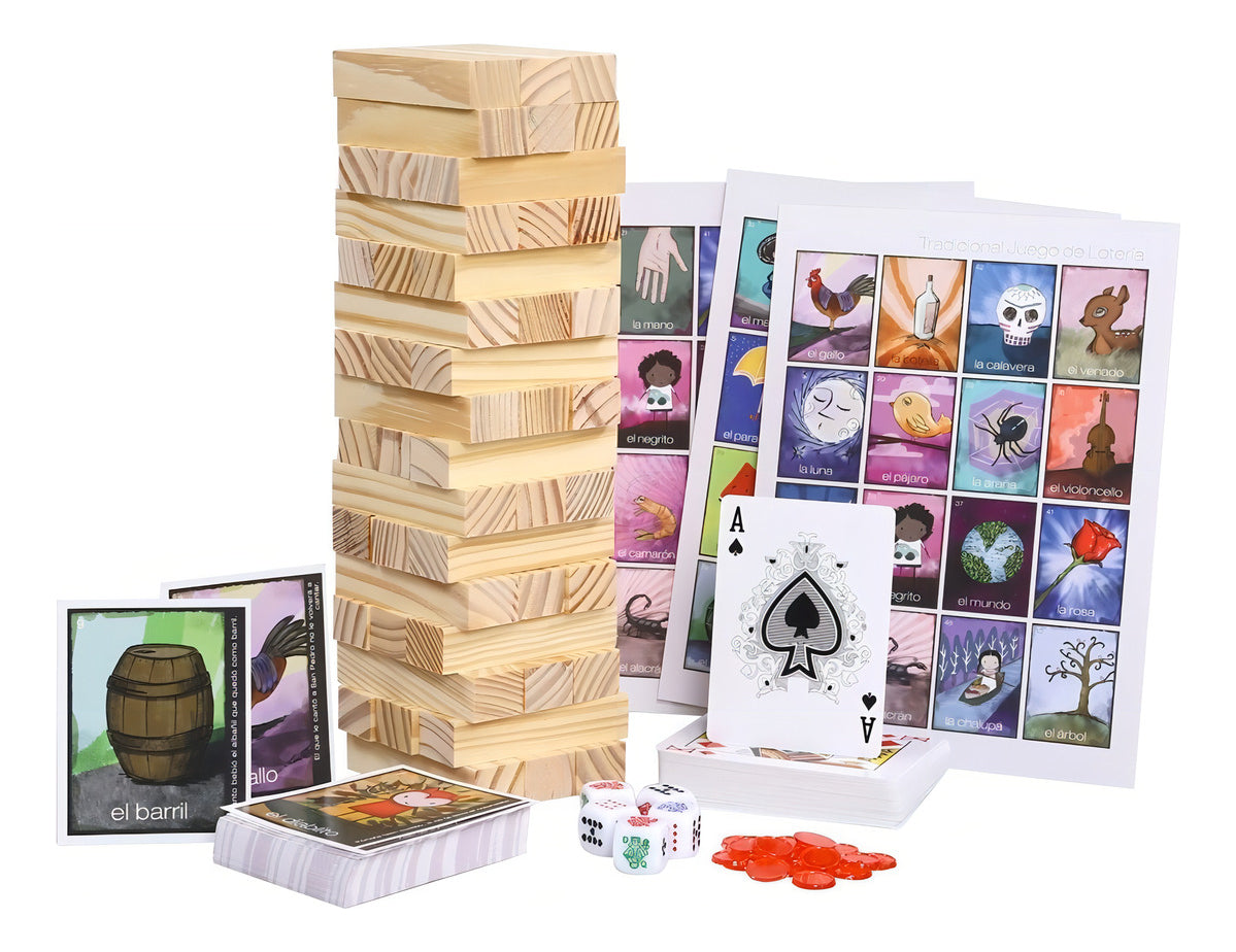 Set de Juegos Clásicos: Torre de Madera, Lotería Mexicana, Baraja de Poker y Dados, Ideal para Reuniones Familiares, Niños y Adultos