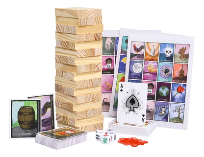 Set de Juegos Clásicos: Torre de Madera, Lotería Mexicana, Baraja de Poker y Dados, Ideal para Reuniones Familiares, Niños y Adultos