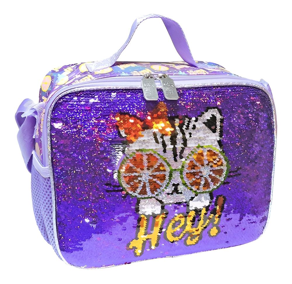 Lonchera Lapicera Gato Lentejuela Reversible Wilys Color Violeta