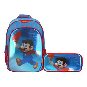 Mochila Y Lapicera Super Mario Here We Go Primaria Chenson Azul Estampado. Tornasol