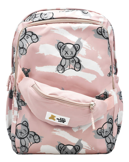 Mochila Escolar Lluvia Osos Rosa 19L Con Cangurera y Compartimento Laptop