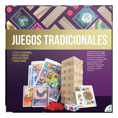 Set de Juegos Clásicos: Torre de Madera, Lotería Mexicana, Baraja de Poker y Dados, Ideal para Reuniones Familiares, Niños y Adultos