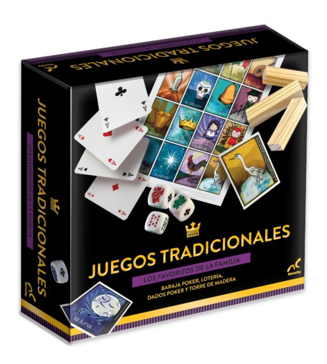 Set de Juegos Clásicos: Torre de Madera, Lotería Mexicana, Baraja de Poker y Dados, Ideal para Reuniones Familiares, Niños y Adultos