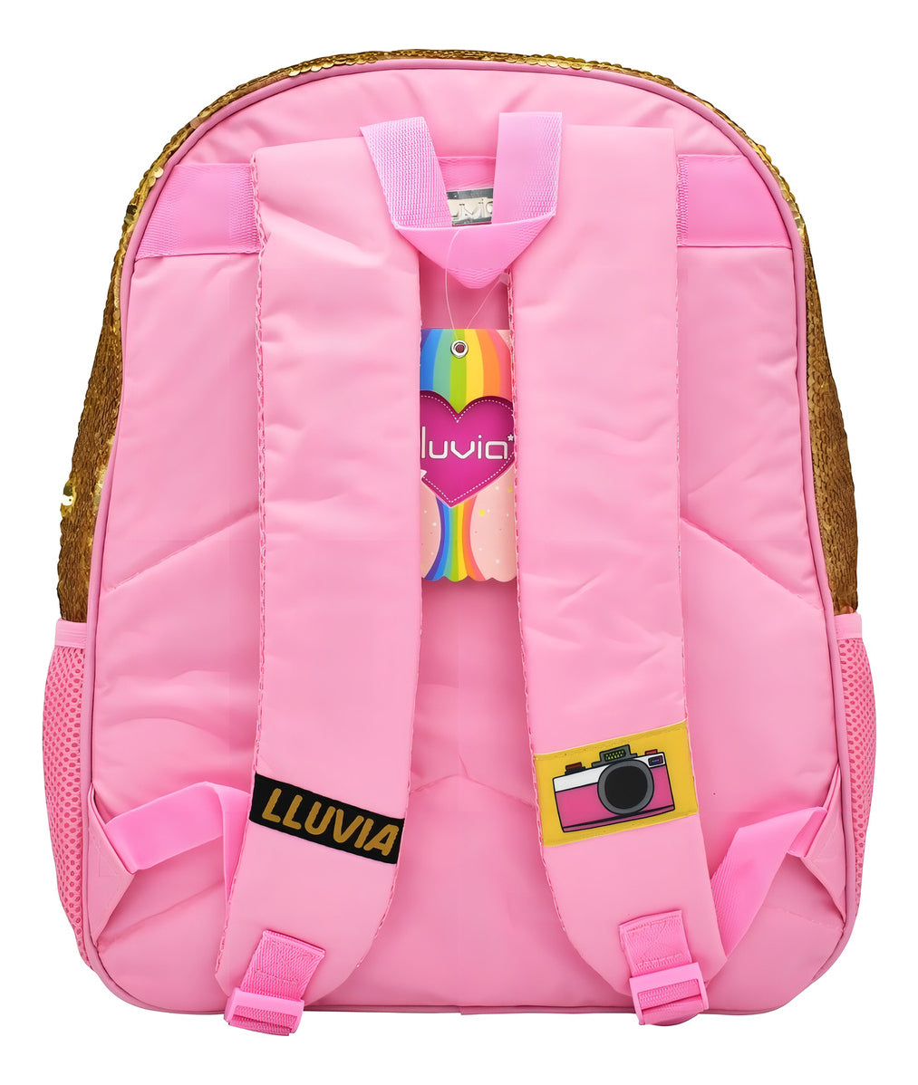 Mochila Camara Smile Lentejuela Dorada Primaria Lluvia Color Dorado