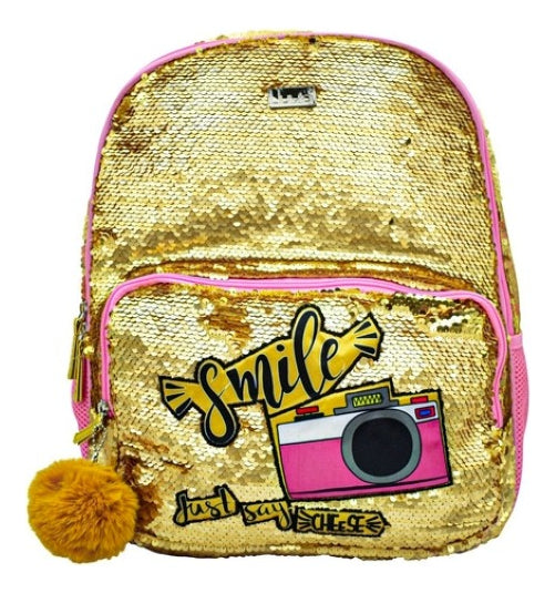 Mochila Camara Smile Lentejuela Dorada Primaria Lluvia Color Dorado