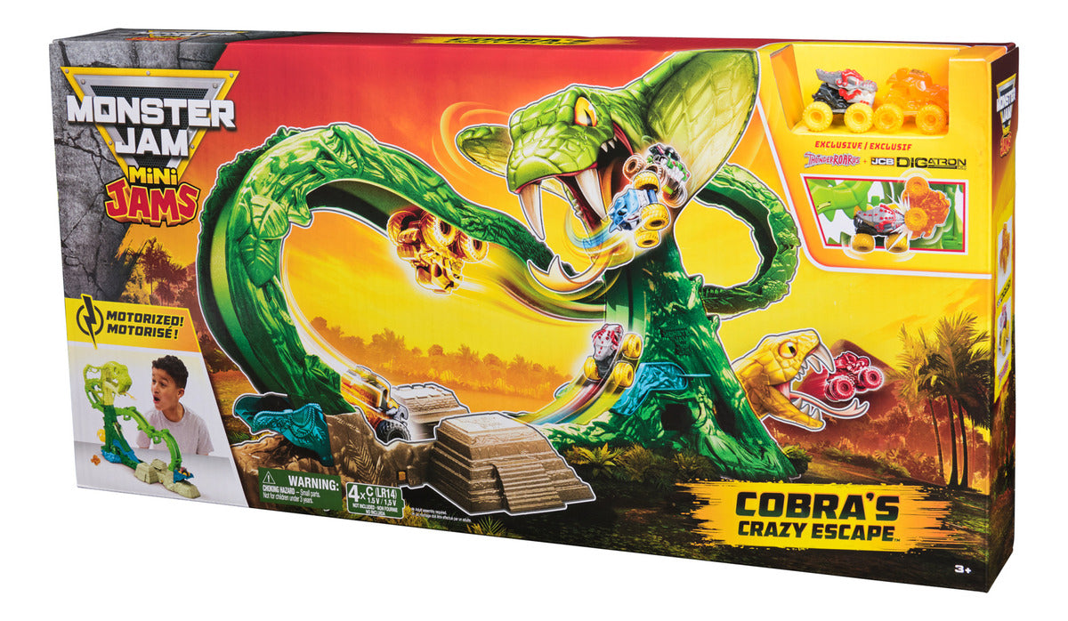 Monster Jam Mini Jams, Cobra's Crazy Escape, set de juego motorizado de 71,1 cm, 2 camiones monstruo metálicos ThunderROARus y JCB Digatron, juguetes para niños y niñas a partir de 3 años
