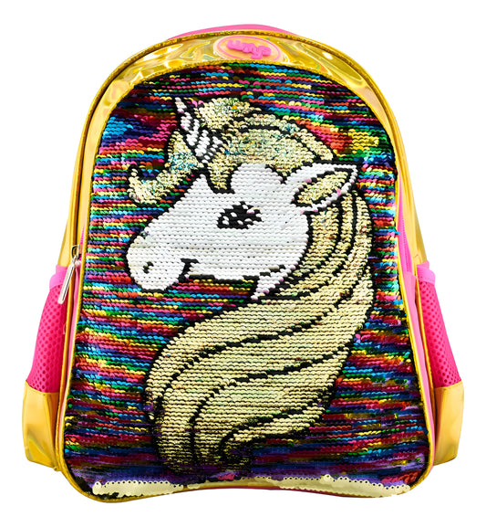 Mochila Escolar Wily's Lentejuelas 14L Dorado Rosa Con Correa Pecho