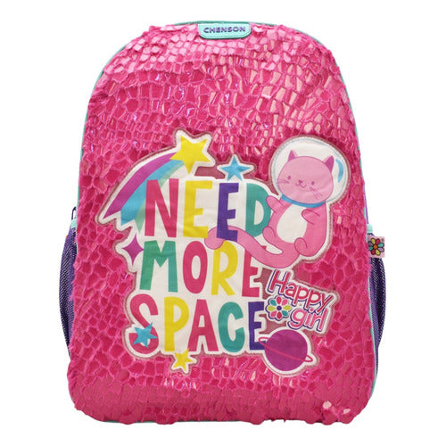Mochila Happy Girl Need More Space Rosa Primaria Chenson Con Detalle Violeta Textura