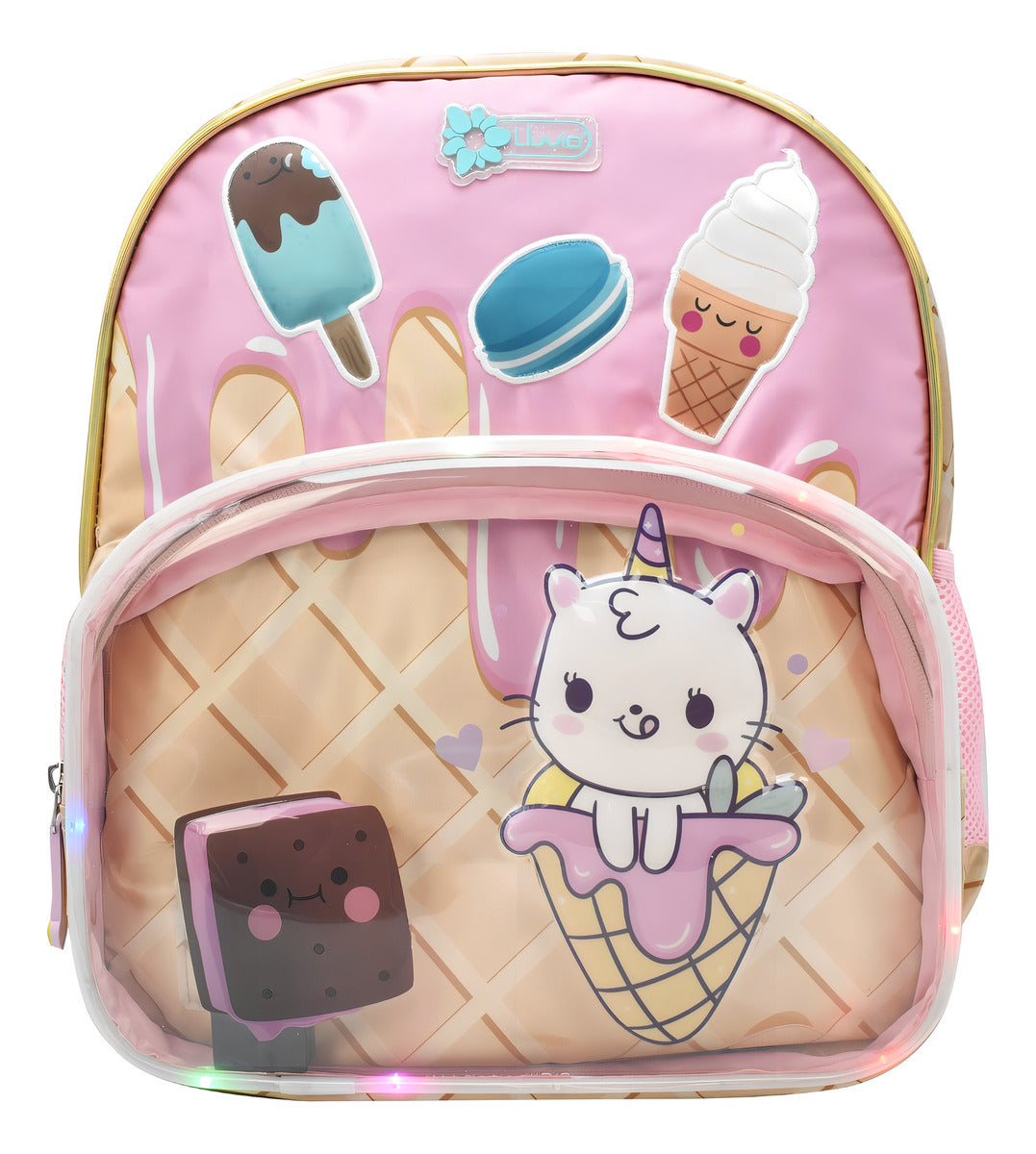 Mochila Escolar Lluvia Unicornio Helados Luz 3D Rosa con Lapicera