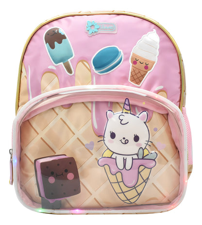Mochila Escolar Lluvia Unicornio Helados Luz 3D Rosa con Lapicera