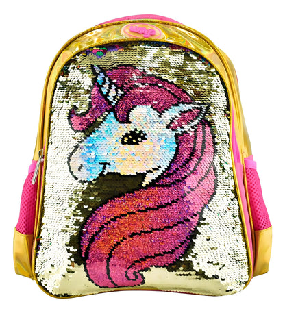 Mochila Escolar Wily's Lentejuelas 14L Dorado Rosa Con Correa Pecho