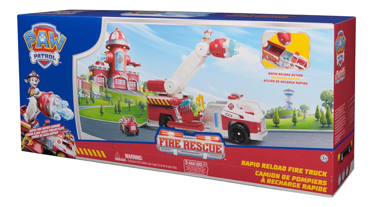 PAW Patrol Fire Rescue, camión de bomberos de recarga rápida con figura de Marshall, lanzador rápido, luces y sonidos, juguetes para niños y niñas a partir de 3 años