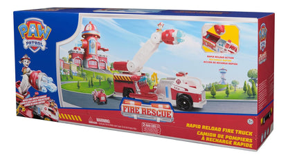 PAW Patrol Fire Rescue, camión de bomberos de recarga rápida con figura de Marshall, lanzador rápido, luces y sonidos, juguetes para niños y niñas a partir de 3 años