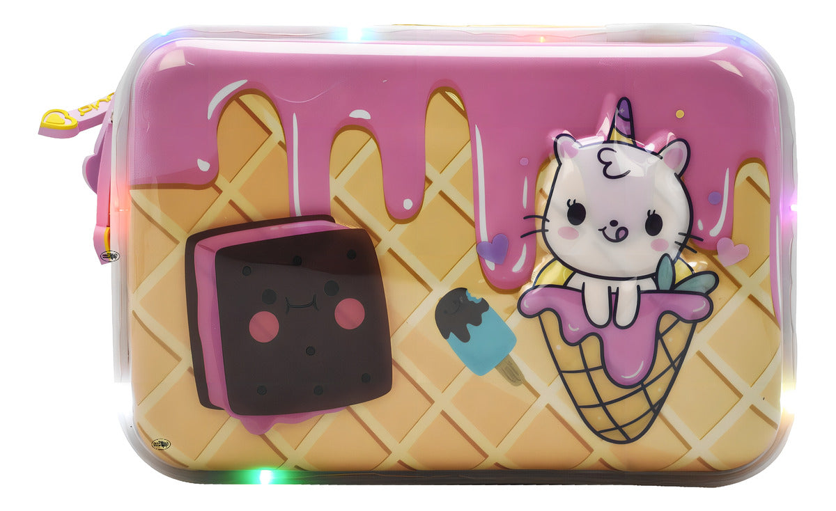 Mochila Escolar Lluvia Unicornio Helados Luz 3D Rosa con Lapicera
